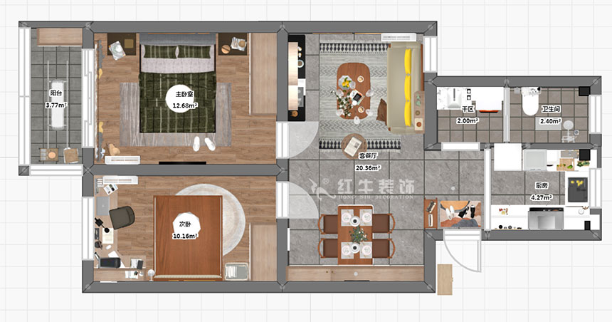 孟宪涛｜雨花村12-606-70㎡-现代风格｜2室1厅1卫｜二手房装修｜成品家￥91000｜全包9万｜00_03彩平图